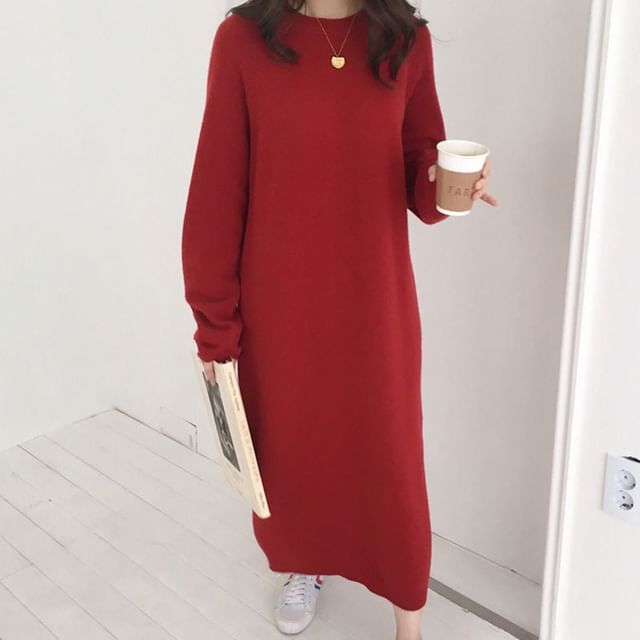 Long-Sleeve Crew Neck Plain Midi Shift Sweater Dress mySite