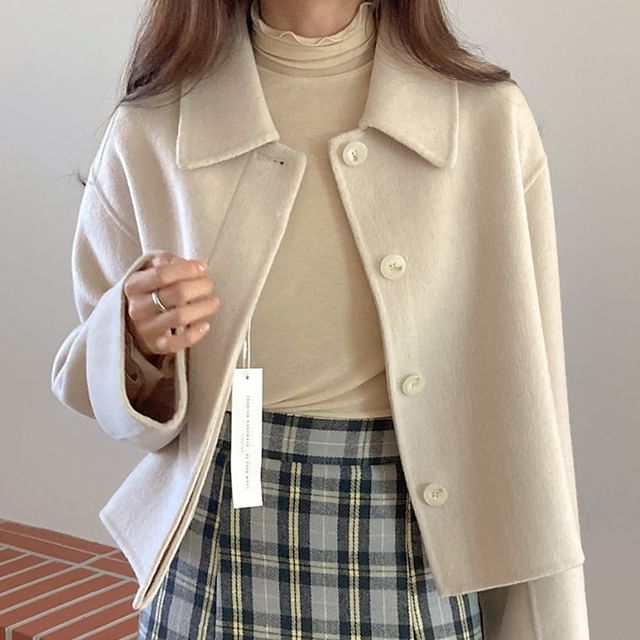 Collared Plain Short Button Coat SpreePicky