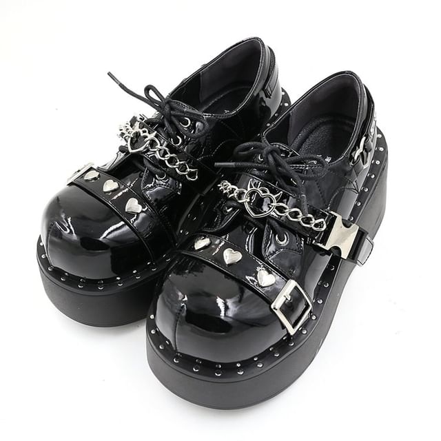 Platform Studded Chain Buckled Lace Up Shoes mySite