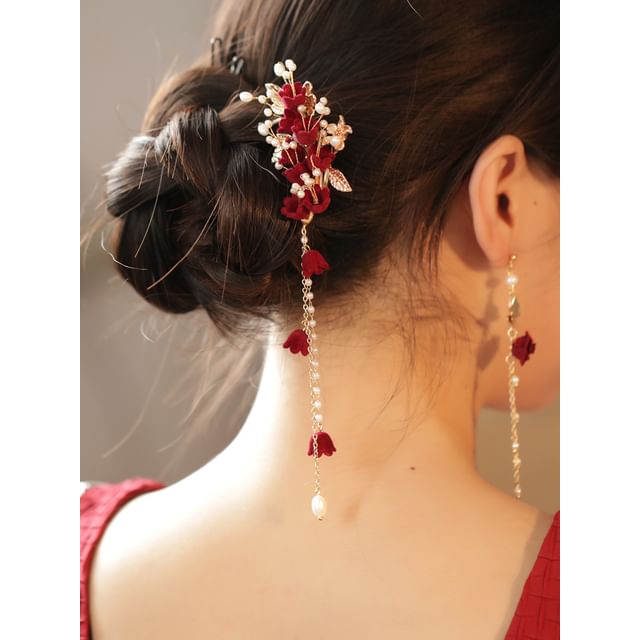 Flocking Flower Faux Pearl Alloy Hair Stick / Asymmetrical Dangle Earring SpreePicky