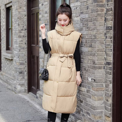 Hooded Plain Long Puffer Vest SpreePicky