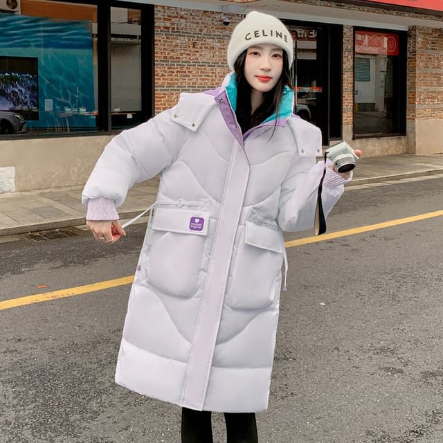 Hooded Color Block Long Puffer Coat SpreePicky