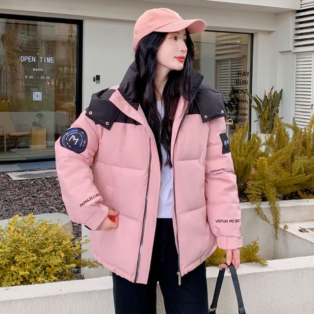 Hooded Two Tone Puffer Jacket SpreePicky