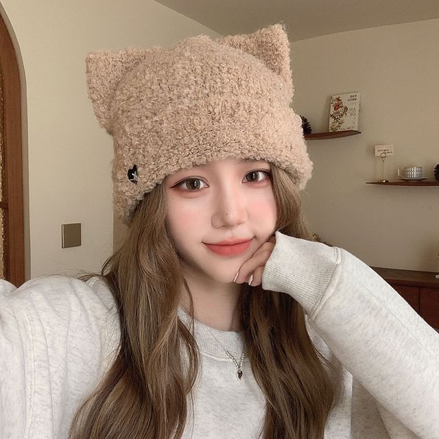 Heart Embroidered Cat Ear Knit Beanie SpreePicky