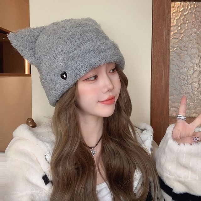 Heart Embroidered Cat Ear Knit Beanie SpreePicky