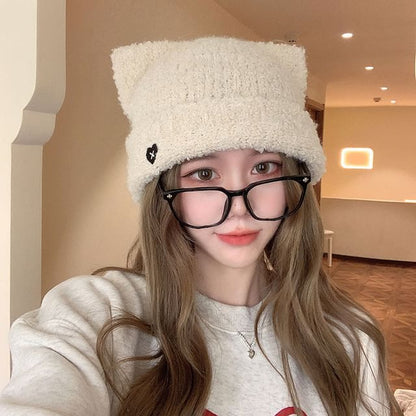 Heart Embroidered Cat Ear Knit Beanie SpreePicky