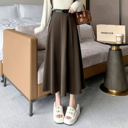 High-Waist Plain Woolen A-Line Skirt SpreePicky