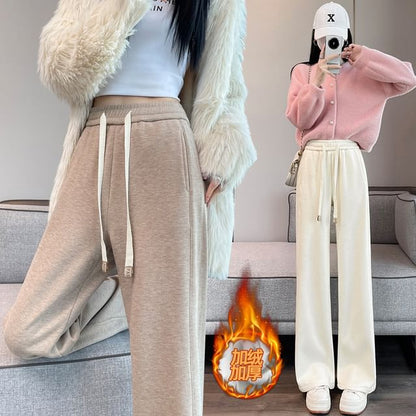 High-Waist Drawstring Fleece Straight Leg Pants SpreePicky