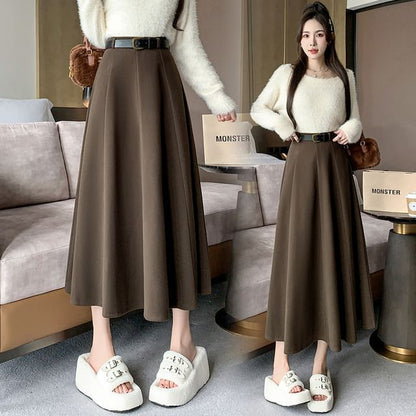 High-Waist Plain Woolen A-Line Skirt SpreePicky