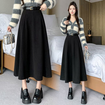 High-Waist Plain Woolen A-Line Skirt SpreePicky