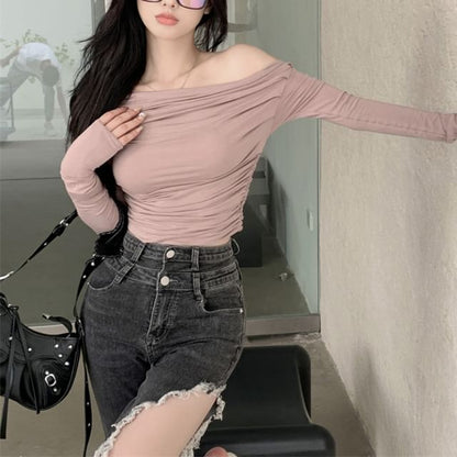 Plain Off Shoulder Pleated Knit Top SpreePicky