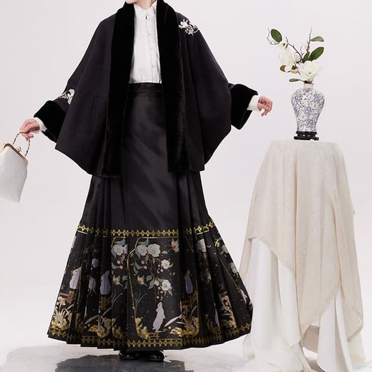 Traditional Chinese Embroidered Open Front Cape / High Waist Maxi A-Line Skirt / Long-Sleeve Blouse / Set SpreePicky