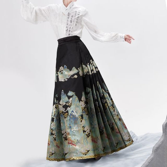 Traditional Chinese Long-Sleeve Print Shirt / High Waist Pleated Skirt SpreePicky