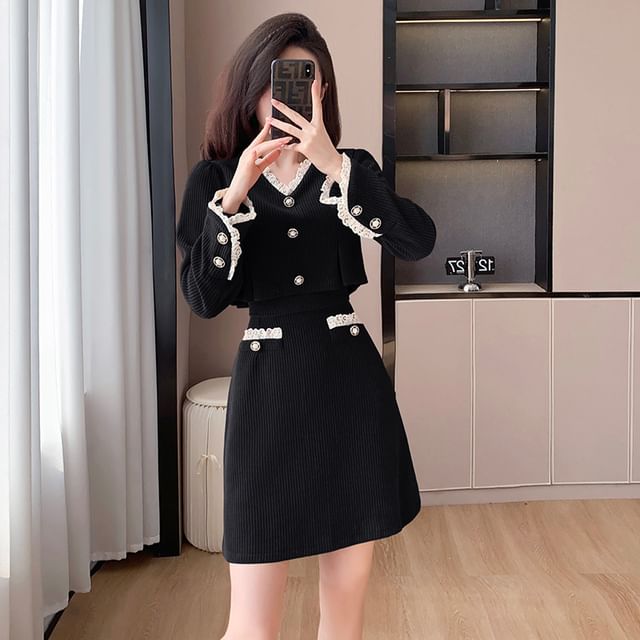 Mock Two-Piece Long-Sleeve V-Neck Lace Trim Corduroy Mini A-Line Dress SpreePicky