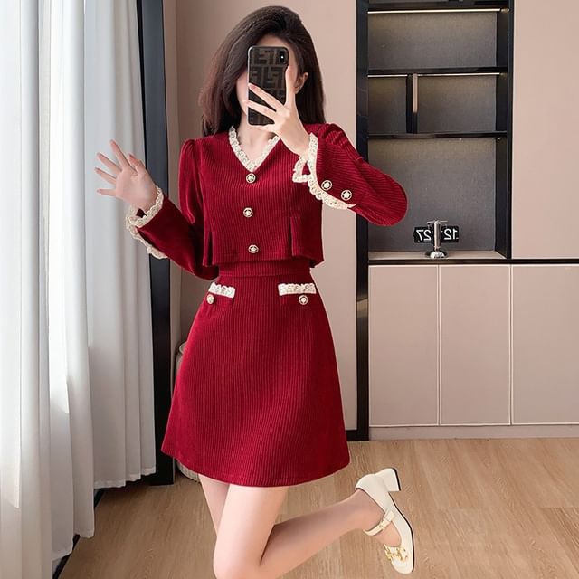 Mock Two-Piece Long-Sleeve V-Neck Lace Trim Corduroy Mini A-Line Dress SpreePicky