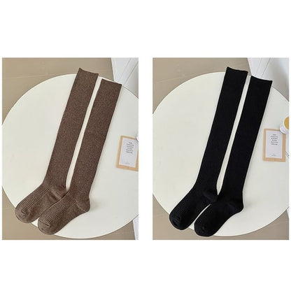 Plain Ribbed Over The Knee Socks / Set SpreePicky