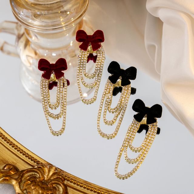 Flocking Bow Rhinestone Chain Alloy Dangle Earring SpreePicky