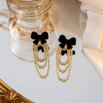 Flocking Bow Rhinestone Chain Alloy Dangle Earring SpreePicky