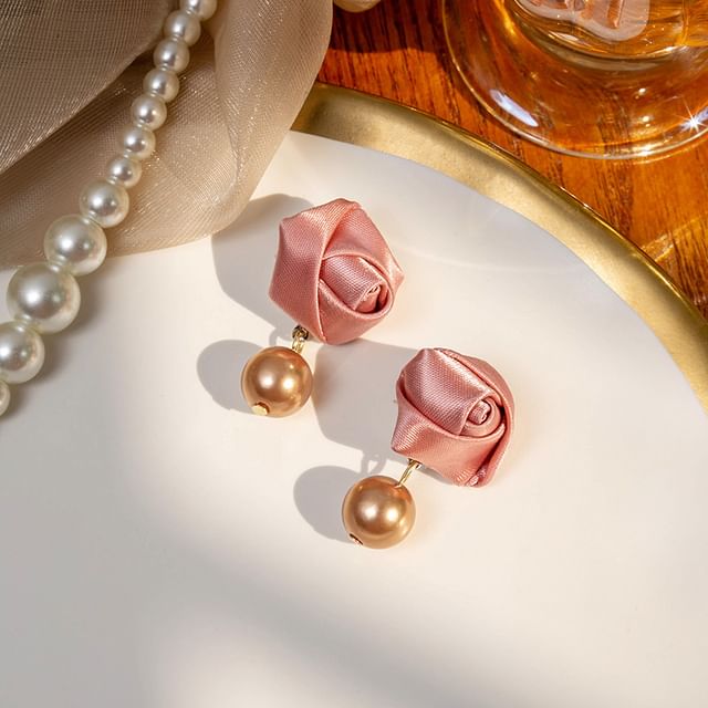 Floral Fabric Faux Pearl Alloy Drop Earring SpreePicky