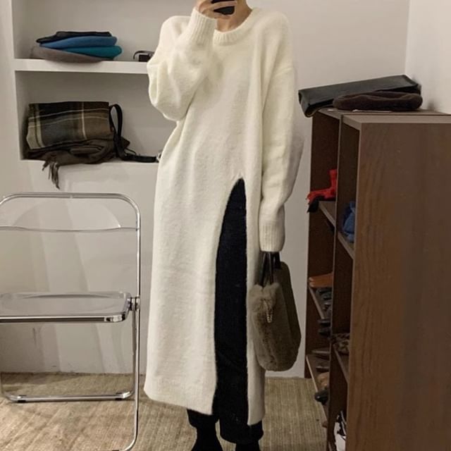 Long-Sleeve Crew Neck Plain Slit Midi Sweater Dress SpreePicky