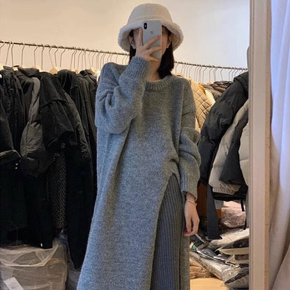 Long-Sleeve Crew Neck Plain Slit Midi Sweater Dress SpreePicky