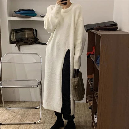 Long-Sleeve Crew Neck Plain Slit Midi Sweater Dress SpreePicky