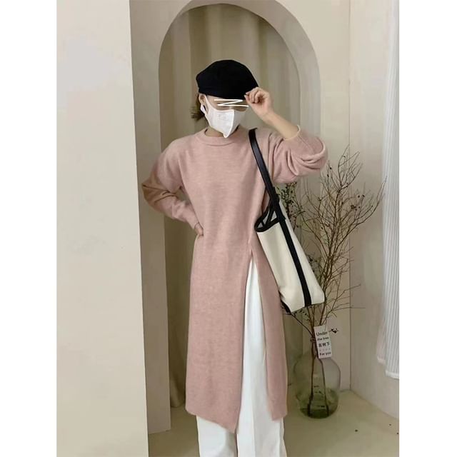 Long-Sleeve Crew Neck Plain Slit Midi Sweater Dress SpreePicky