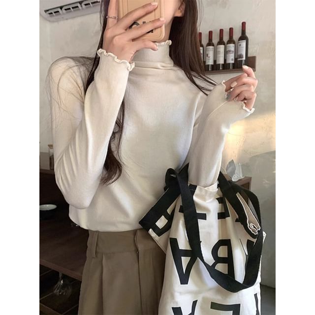 Long-Sleeve High Neck Plain Lettuce Edge Knit Top SpreePicky