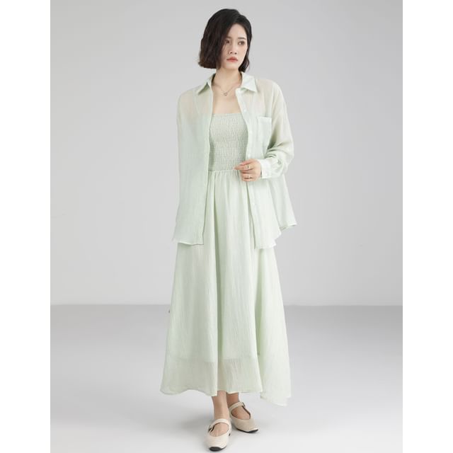 Long-Sleeve Plain Shirt / Spaghetti Strap Plain Maxi A-Line Dress SpreePicky