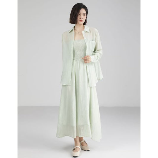 Long-Sleeve Plain Shirt / Spaghetti Strap Plain Maxi A-Line Dress SpreePicky