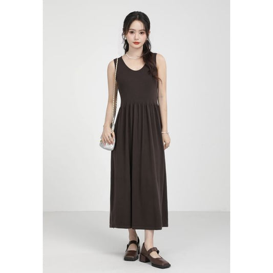 Sleeveless Plain Knit Maxi A-Line Dress SpreePicky