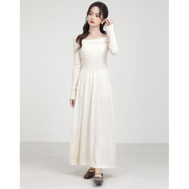 Long-Sleeve Off Shoulder Plain Maxi A-Line Dress SpreePicky