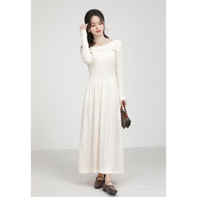 Long-Sleeve Off Shoulder Plain Maxi A-Line Dress SpreePicky