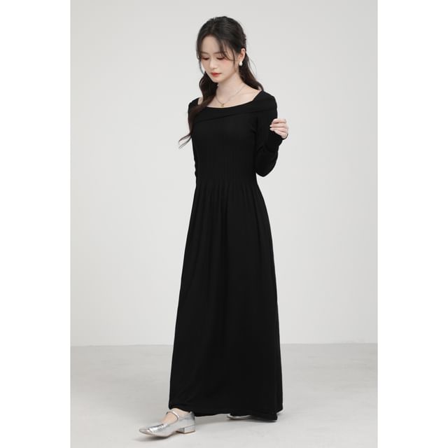 Long-Sleeve Off Shoulder Plain Maxi A-Line Dress SpreePicky