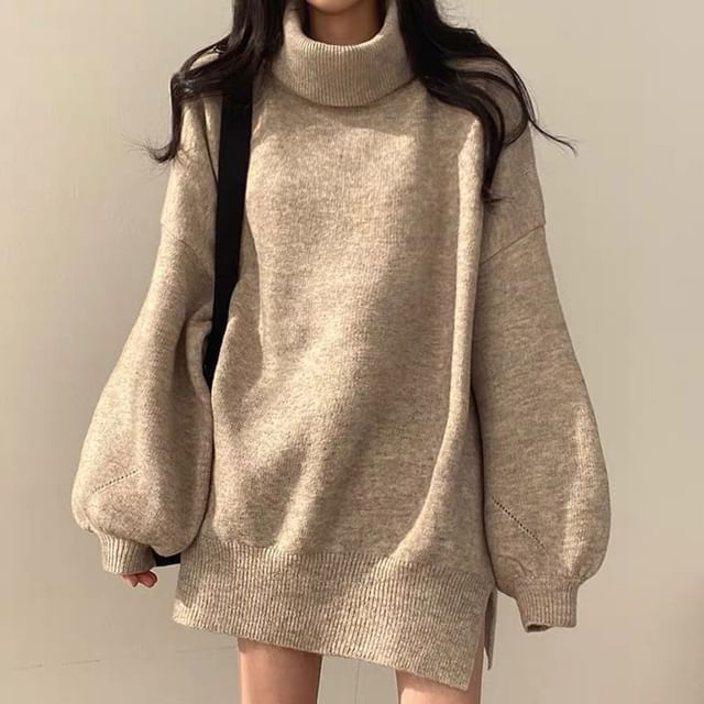 Balloon Sleeve Turtleneck Plain Slit Oversized Sweater SpreePicky