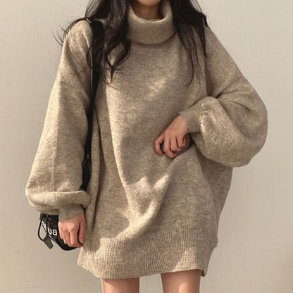 Balloon Sleeve Turtleneck Plain Slit Oversized Sweater SpreePicky