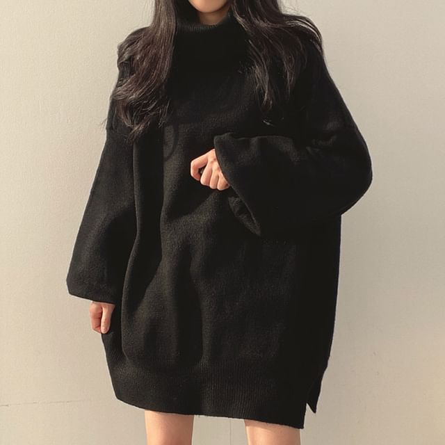 Balloon Sleeve Turtleneck Plain Slit Oversized Sweater SpreePicky