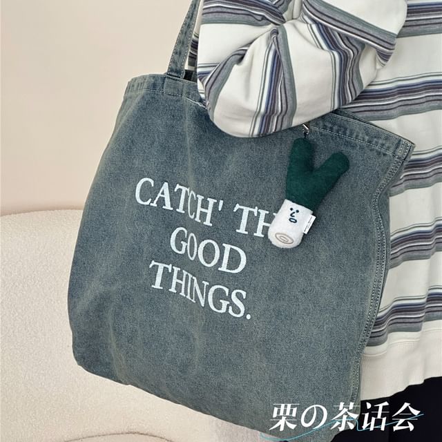 Washed Lettering Denim Tote Bag / Charm / Set SpreePicky