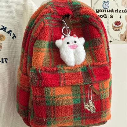 faux Shearling Plaid Backpack / Charm / Set SpreePicky