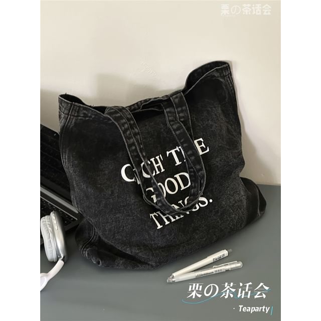 Washed Lettering Denim Tote Bag / Charm / Set SpreePicky