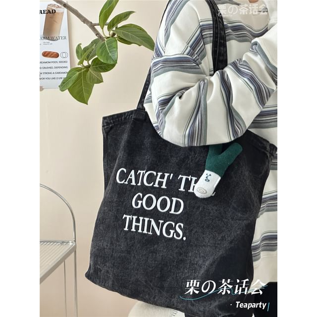 Washed Lettering Denim Tote Bag / Charm / Set SpreePicky