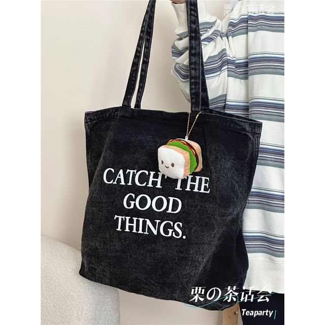 Washed Lettering Denim Tote Bag / Charm / Set SpreePicky