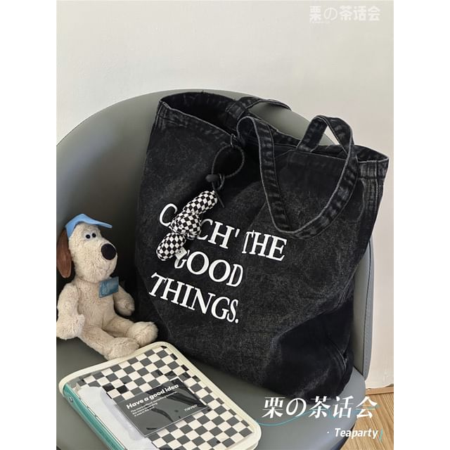 Washed Lettering Denim Tote Bag / Charm / Set SpreePicky