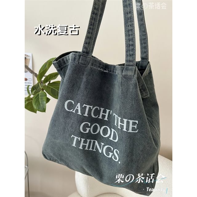 Washed Lettering Denim Tote Bag / Charm / Set SpreePicky