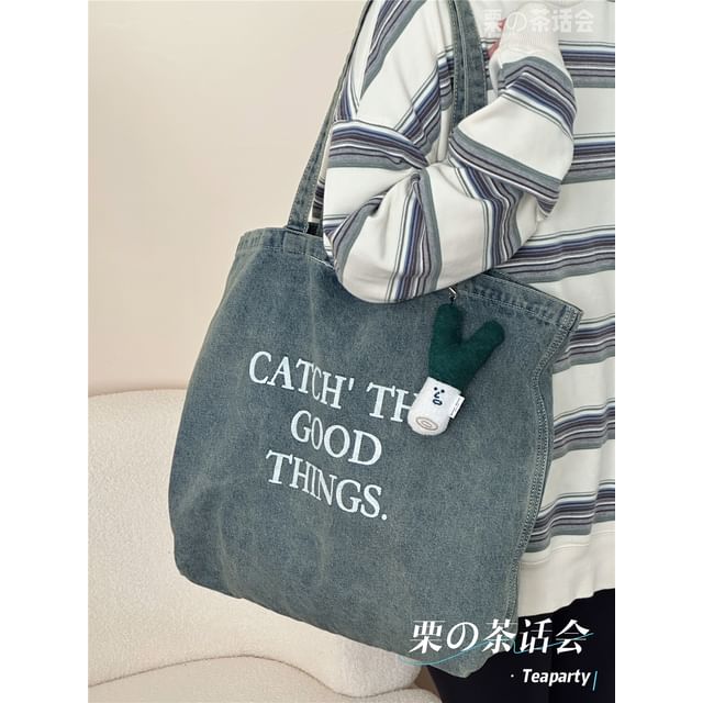 Washed Lettering Denim Tote Bag / Charm / Set SpreePicky