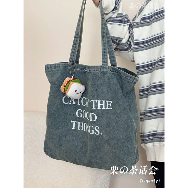 Washed Lettering Denim Tote Bag / Charm / Set SpreePicky