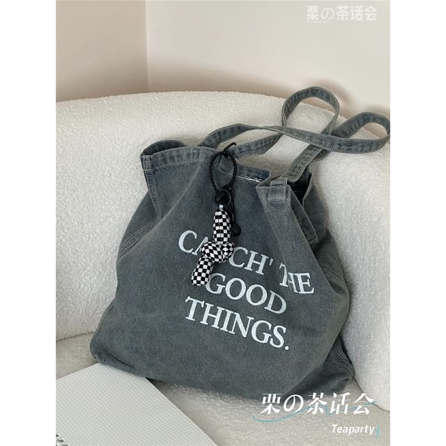 Washed Lettering Denim Tote Bag / Charm / Set SpreePicky