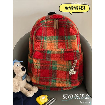 faux Shearling Plaid Backpack / Charm / Set SpreePicky