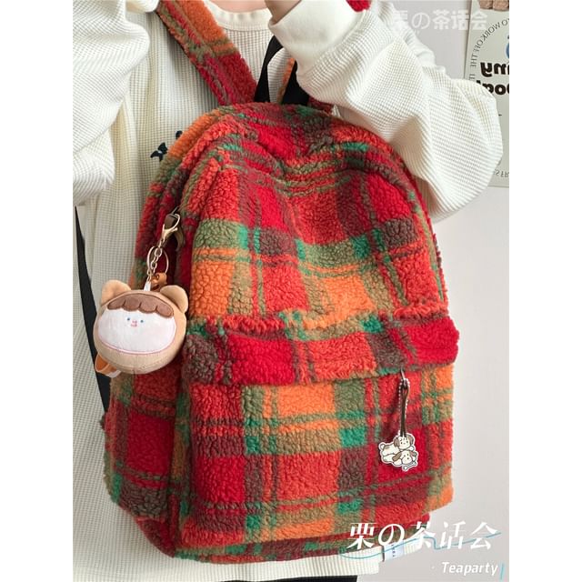 faux Shearling Plaid Backpack / Charm / Set SpreePicky