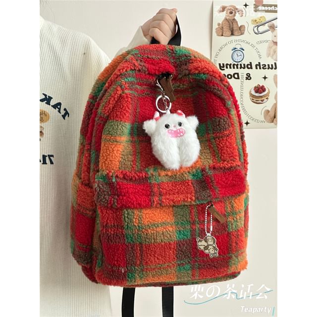 faux Shearling Plaid Backpack / Charm / Set SpreePicky